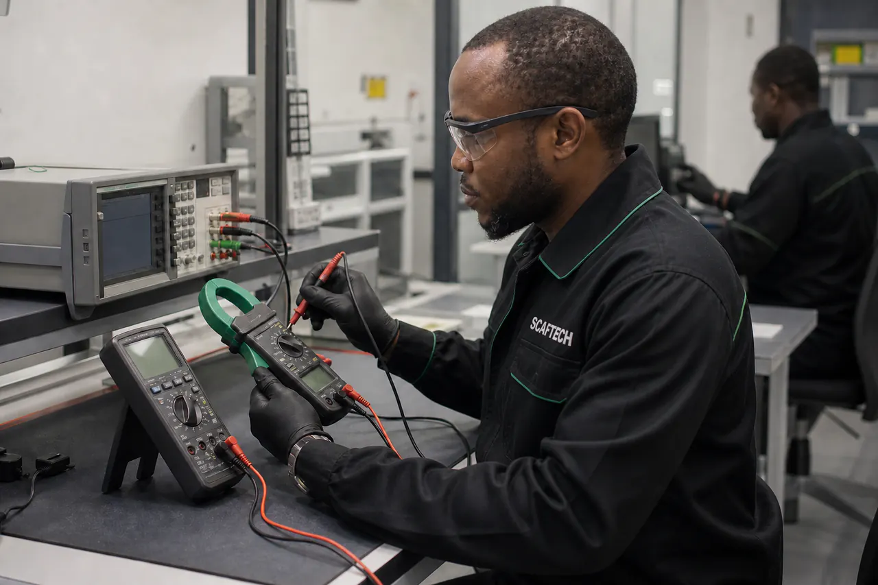 Scaftech technician calibrating an electrical test instrument for energy operations