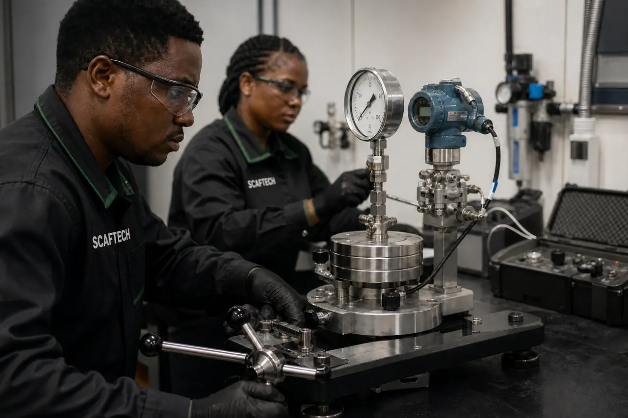 Scaftech calibration technician comparing an industrial pressure gauge with a reference instrument