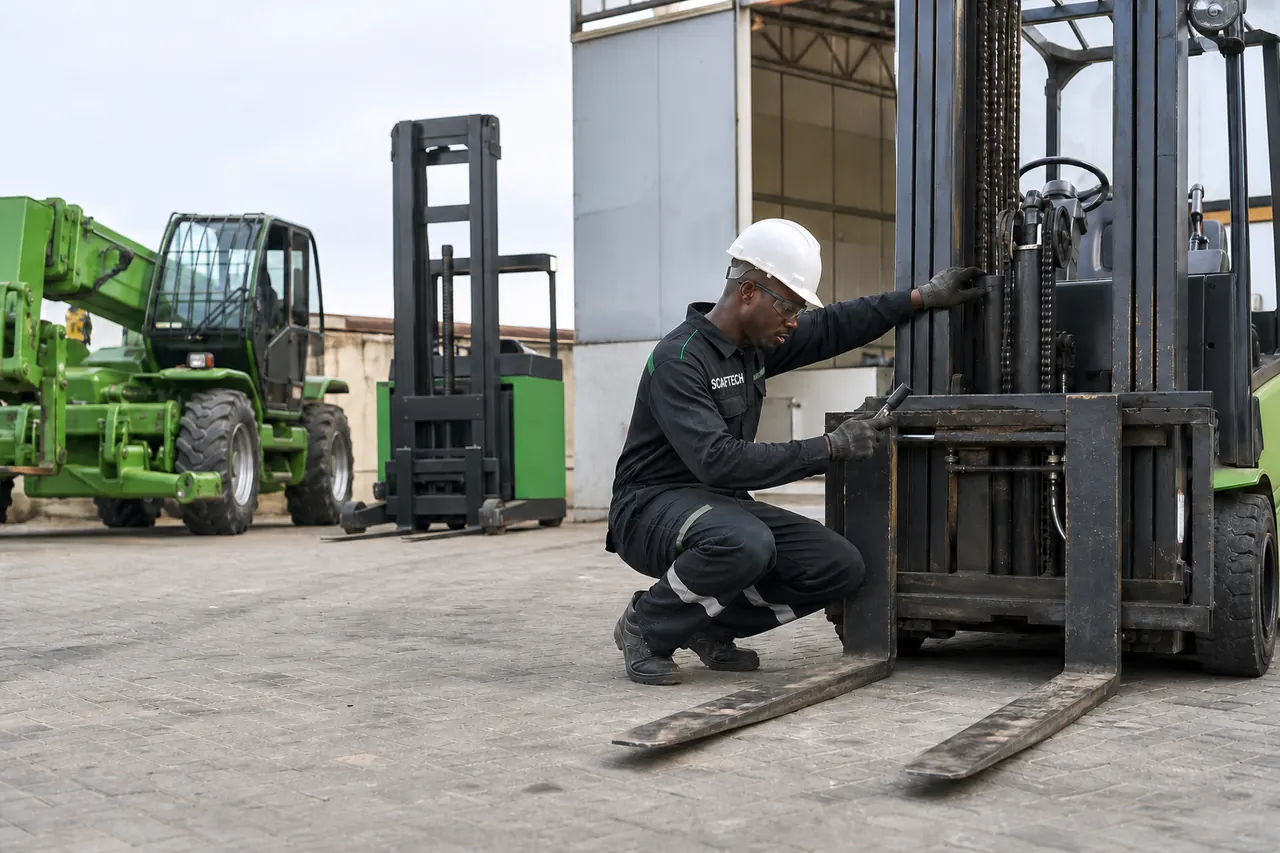 Scaftech technician inspecting a forklift in a warehouse material-handling operation
