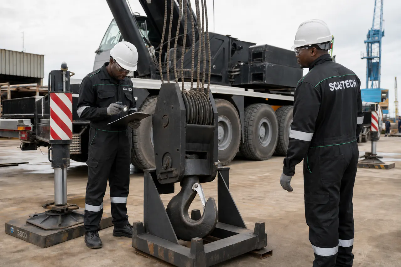 Scaftech inspection team examining a mobile crane on a construction site