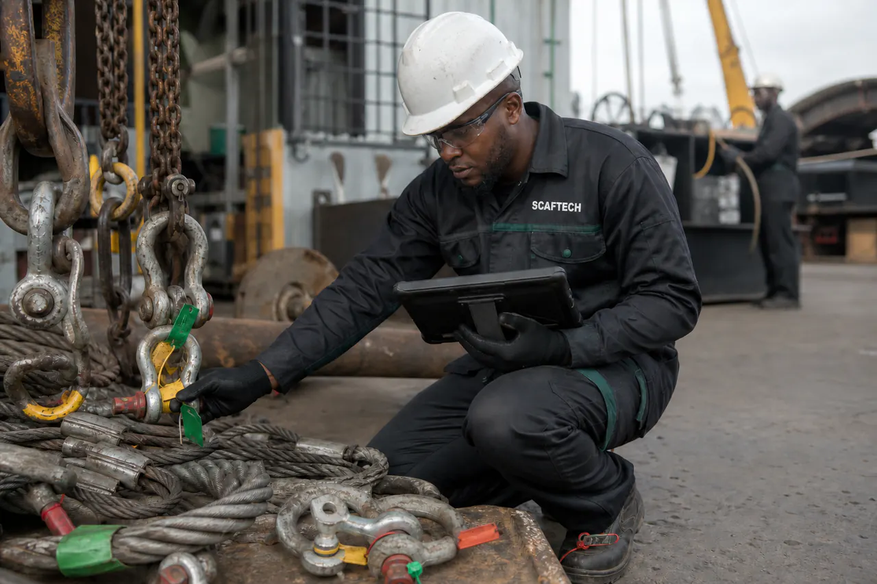 Scaftech inspector applying asset identification and colour coding to lifting gear
