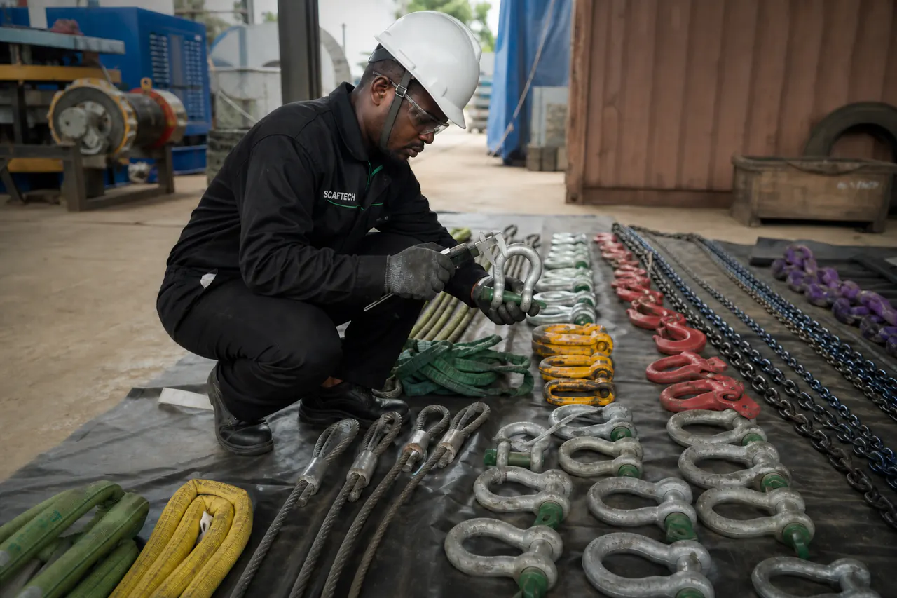 Scaftech inspector examining loose lifting gear and rigging accessories