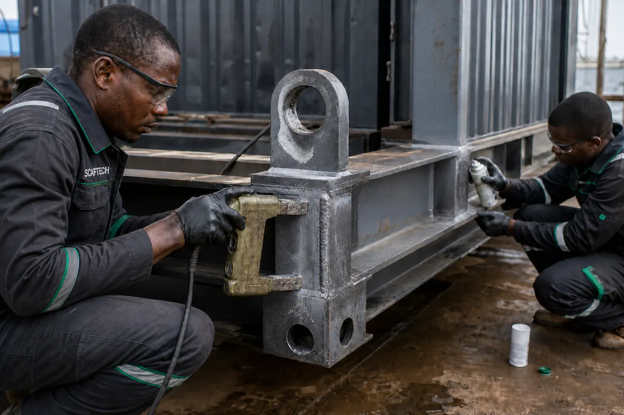Scaftech technician inspecting an offshore lifting unit for oil and gas operations