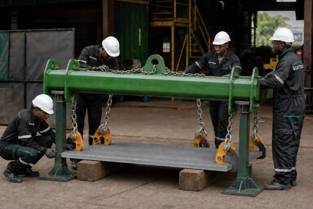 Scaftech team examining lifting beams, clamps and below-the-hook devices
