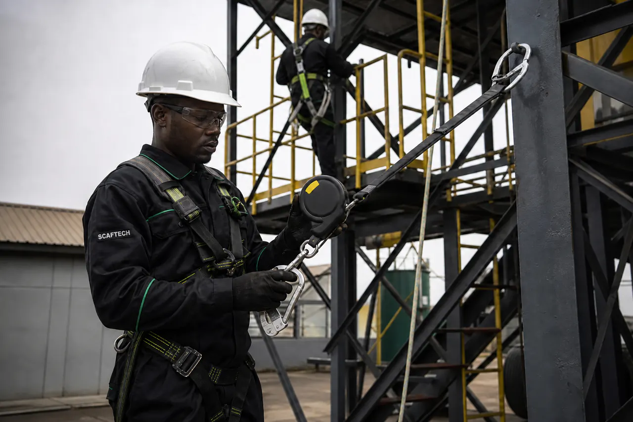 Scaftech technician checking a harness, lanyard and height-safety equipment